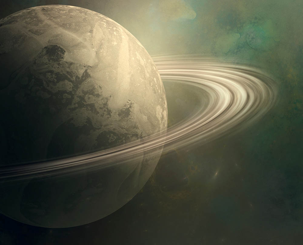 A painting-style image of the planet Saturn and its rings